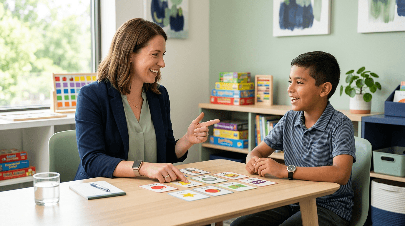 Terapeuta del habla trabajando con un niño en Front Range Speech Therapy en Greeley, CO — sirviendo desde el nacimiento hasta los 21 años