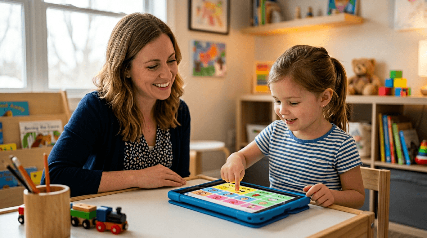Child using AAC tablet device to communicate during speech therapy at Front Range Speech