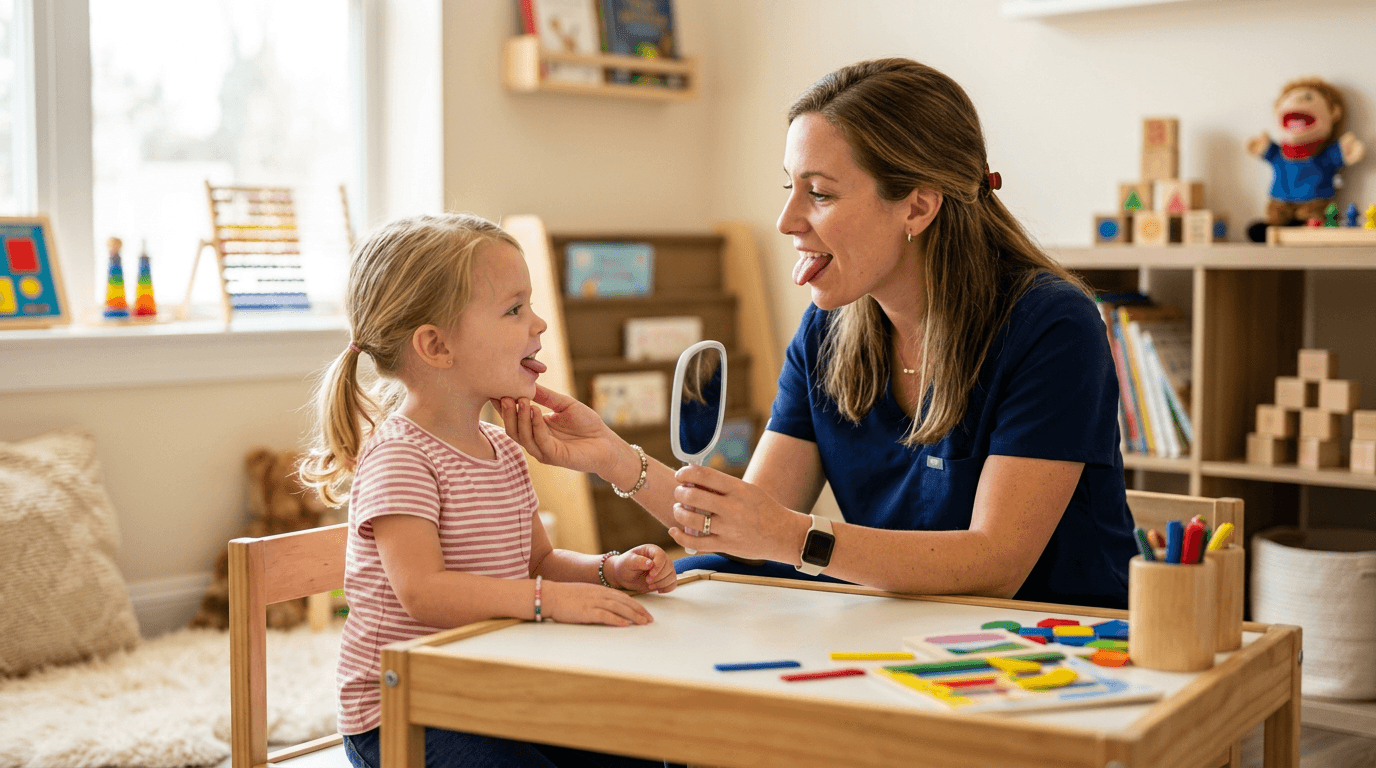 Child practicing motor speech exercises with a speech therapist at Front Range Speech in Greeley, CO