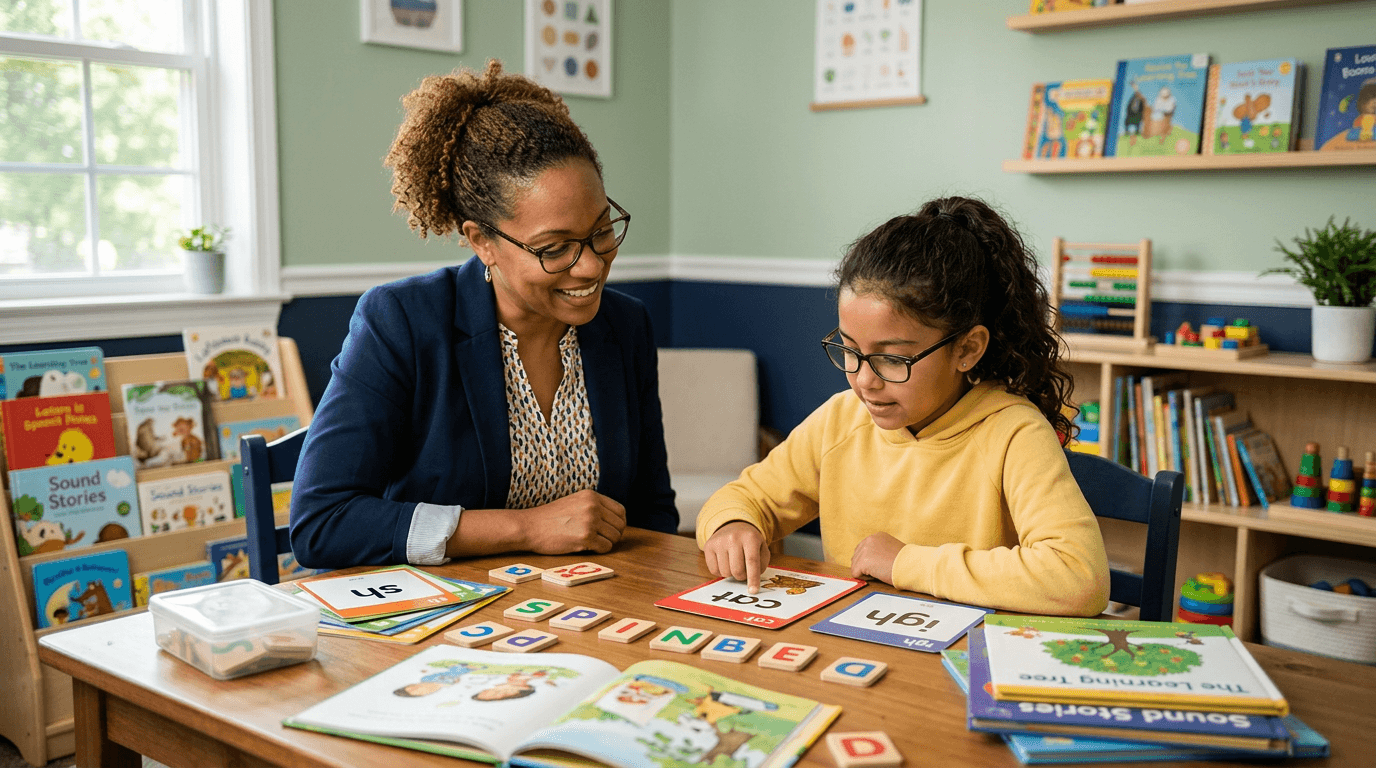 School-age child working on phonics and reading skills with a speech-language pathologist at Front Range Speech in Greeley, CO