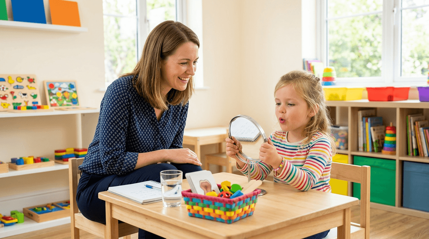 Speech therapist working on articulation with a child using a mirror in Greeley, CO