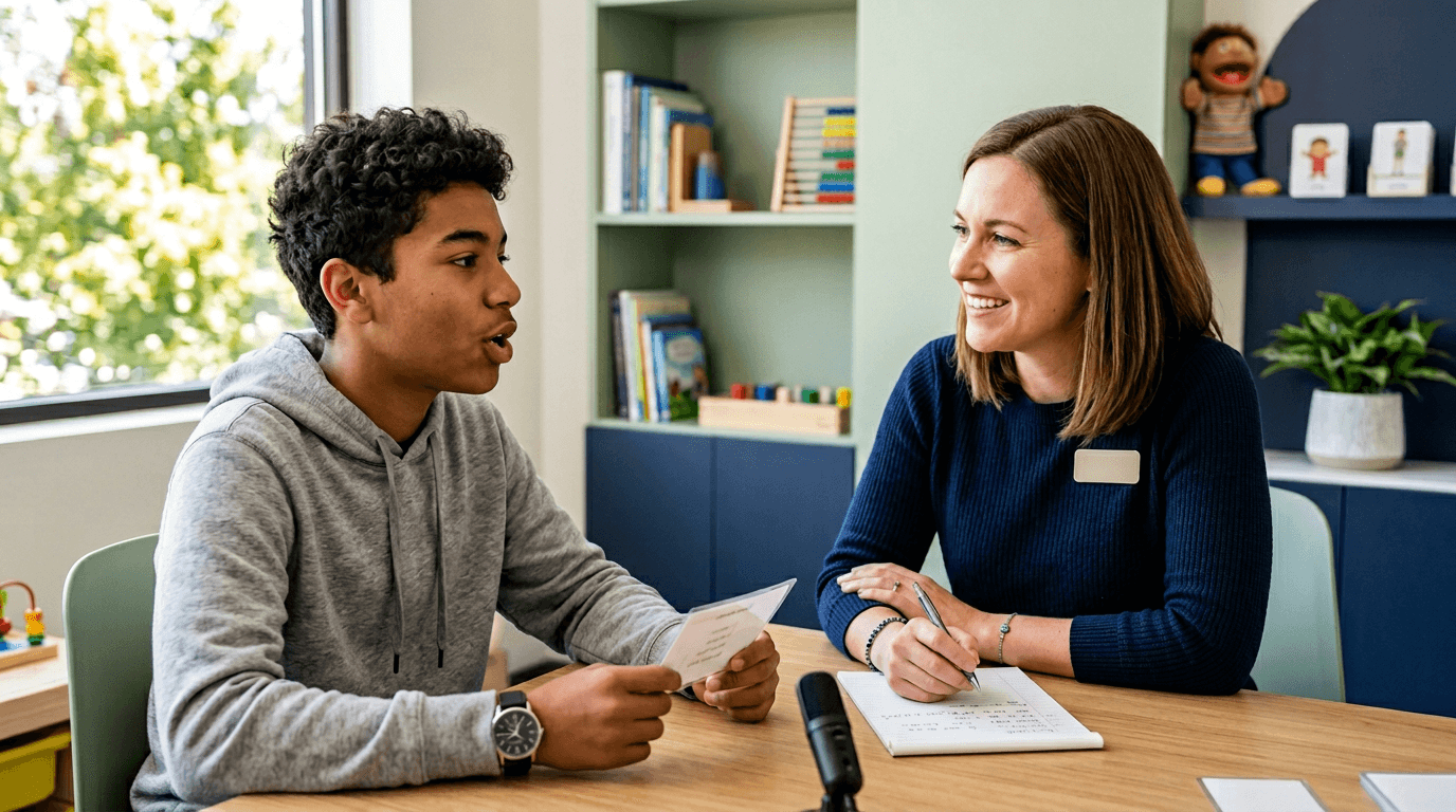 Teen practicing fluency exercises with a speech-language pathologist at Front Range Speech in Greeley, CO
